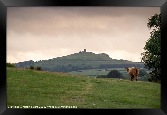 Serene Highland Cow at Brentor Church Framed Print by Martin Yiannoullou