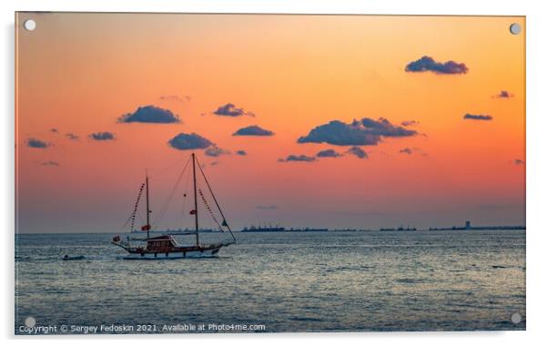 Sailing yacht in Marmara sea. Sunset time Acrylic by Sergey Fedoskin