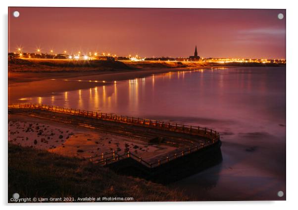 Old sea bathing pool and Tynemouth Church at night. Northumberla Acrylic by Liam Grant