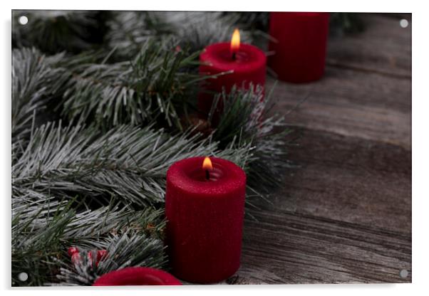 Red glowing candles with fir and wood dark background  Acrylic by Thomas Baker