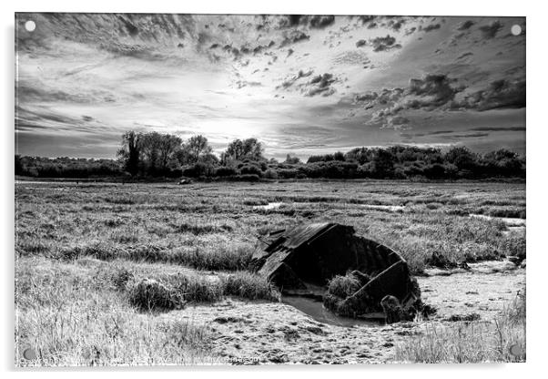 monochrome Medway boat wreck Acrylic by Robert Deering