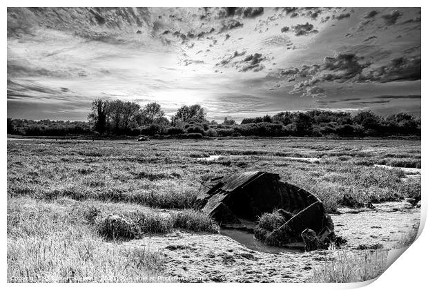 monochrome Medway boat wreck Print by Robert Deering