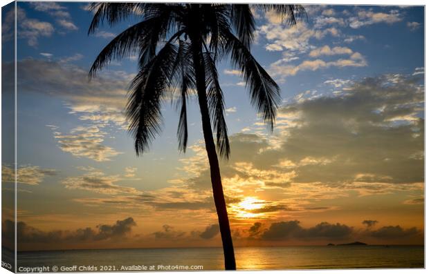 Tropical sunrise seascape with a palm tree silhouette in a blue  Canvas Print by Geoff Childs