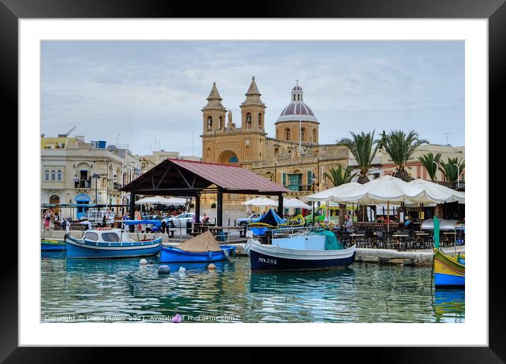 Marsaxlokk Harbour and town Framed Mounted Print by Diana Mower