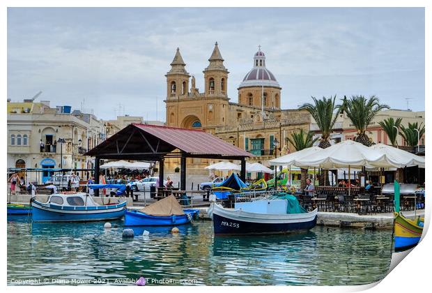 Marsaxlokk Harbour and town Print by Diana Mower