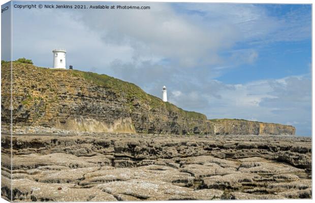 Nash Point Beach Two Lighthouses South Wales  Canvas Print by Nick Jenkins