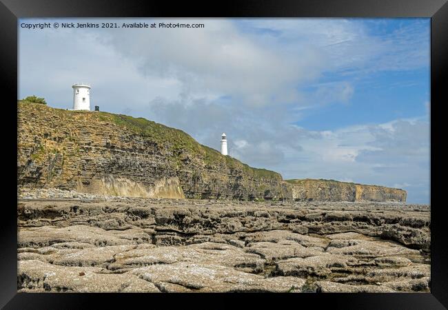 Nash Point Beach Two Lighthouses South Wales  Framed Print by Nick Jenkins