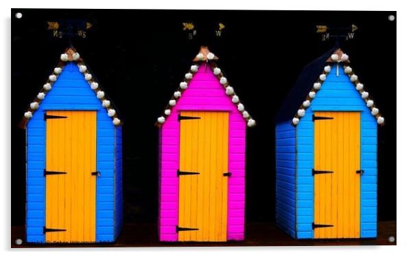 Three brightly painted sheds with weather vanes on top Acrylic by Peter Wiseman