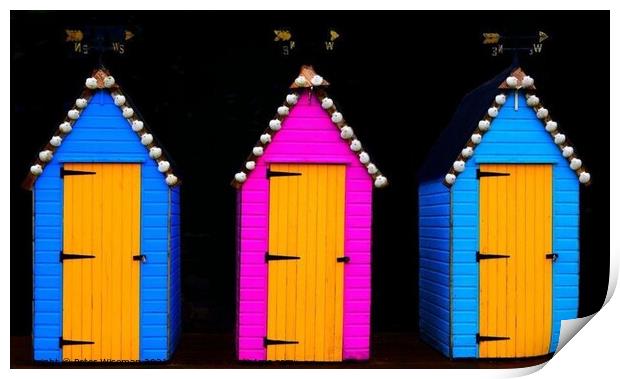 Three brightly painted sheds with weather vanes on top Print by Peter Wiseman