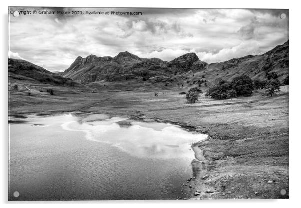 Blea Tarn the Langdale Pikes and Side Pike monochrome Acrylic by Graham Moore