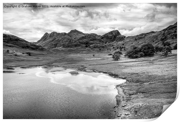 Blea Tarn the Langdale Pikes and Side Pike monochrome Print by Graham Moore