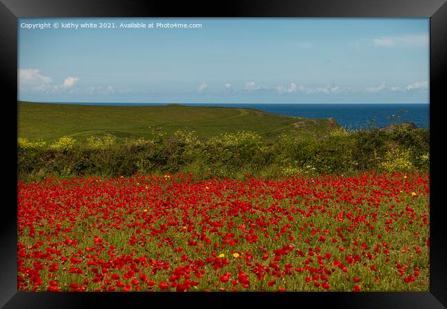 A field of red poppies with the ocean Framed Print by kathy white