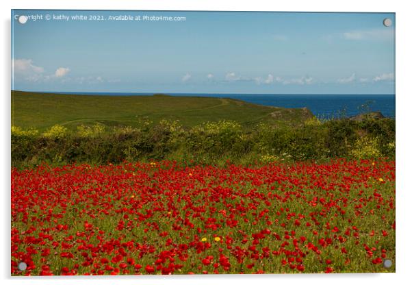 A field of red poppies with the ocean Acrylic by kathy white