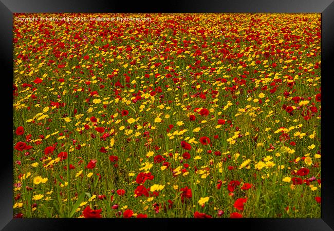 Just red and yellow, poppies and marigolds in a Wi Framed Print by kathy white