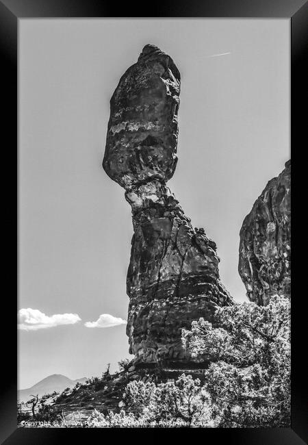 Black White Balanced Rock Arches National Park Moab Utah  Framed Print by William Perry