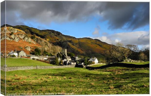 Snow clouds gathering over Elterwater in the Langdale valley 578 Canvas Print by PHILIP CHALK