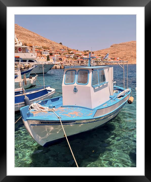 Halki Greek Island Small Boat Framed Mounted Print by Antony McAulay