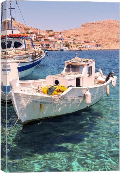 Halki Greek Island White Boat Canvas Print by Antony McAulay