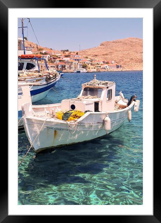 Halki Greek Island White Boat Framed Mounted Print by Antony McAulay