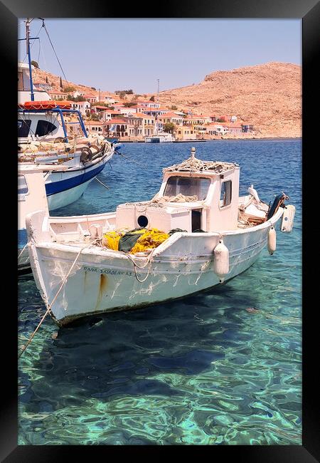 Halki Greek Island White Boat Framed Print by Antony McAulay