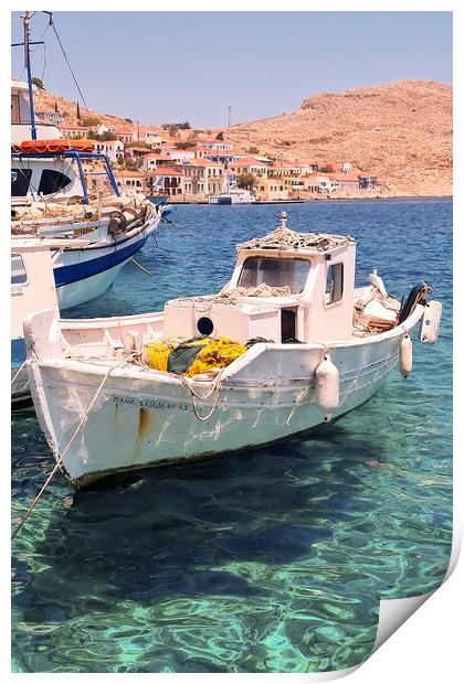 Halki Greek Island White Boat Print by Antony McAulay