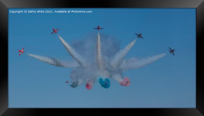 Red arrows in a cornish sky,smoke trails,  Framed Print by kathy white