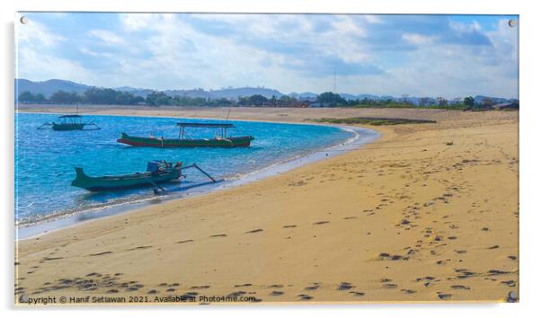 Longtail fishing boats at sand beach Acrylic by Hanif Setiawan