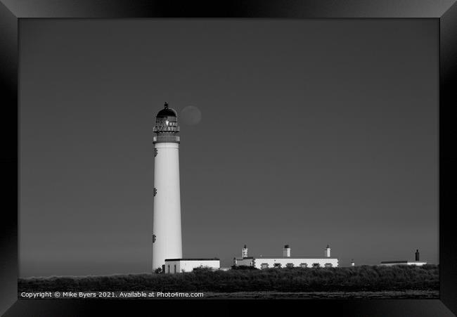 "Moonlit Monochrome: Barns Ness Lighthouse" Framed Print by Mike Byers