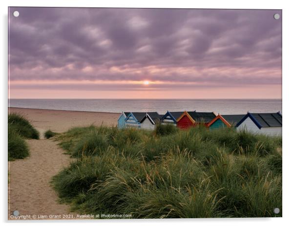 UK, Suffolk, Southwold, Sunrise over multi coloured beach huts Acrylic by Liam Grant