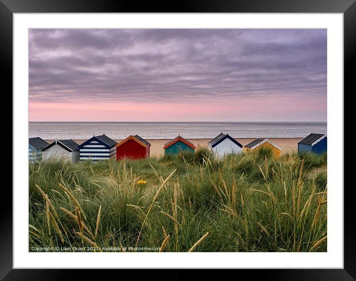 UK, Suffolk, Southwold, colourful beach huts in the dunes at sunrise Framed Mounted Print by Liam Grant