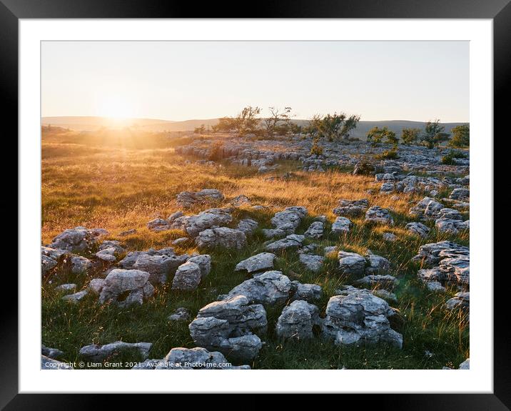 UK, Yorkshire, sun setting over Southerscales Scars limestone pavement Framed Mounted Print by Liam Grant