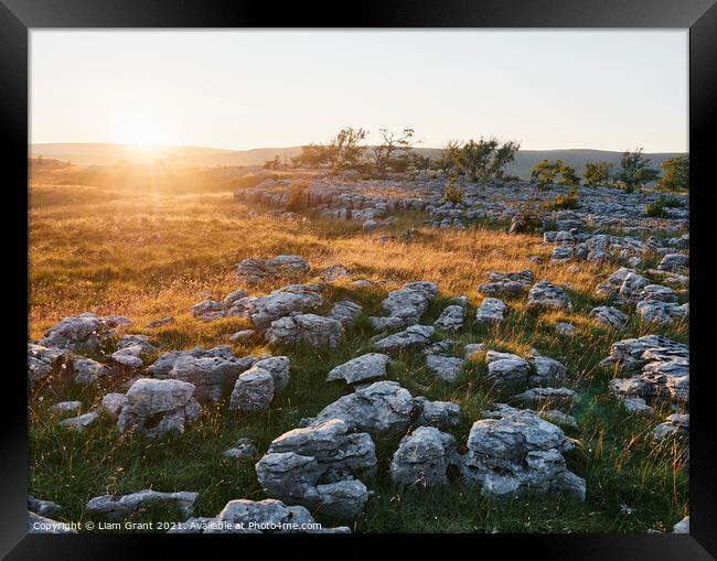 UK, Yorkshire, sun setting over Southerscales Scars limestone pavement Framed Print by Liam Grant