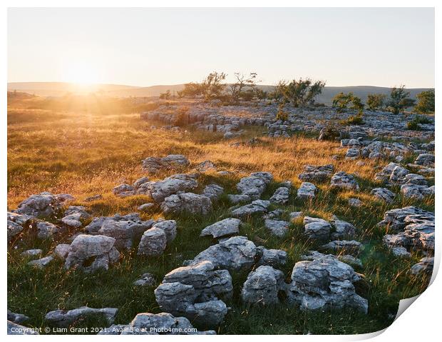 UK, Yorkshire, sun setting over Southerscales Scars limestone pavement Print by Liam Grant