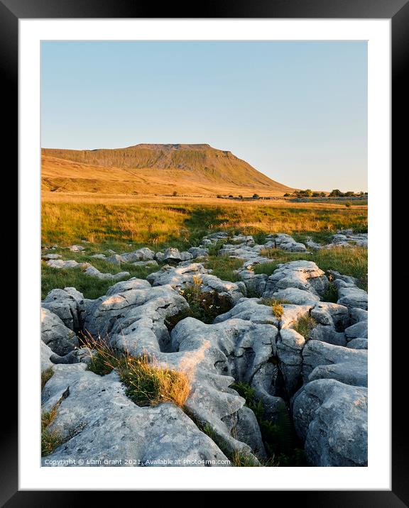 UK, Yorkshire, Ingleborough with limestone pavement in the foreground. Framed Mounted Print by Liam Grant