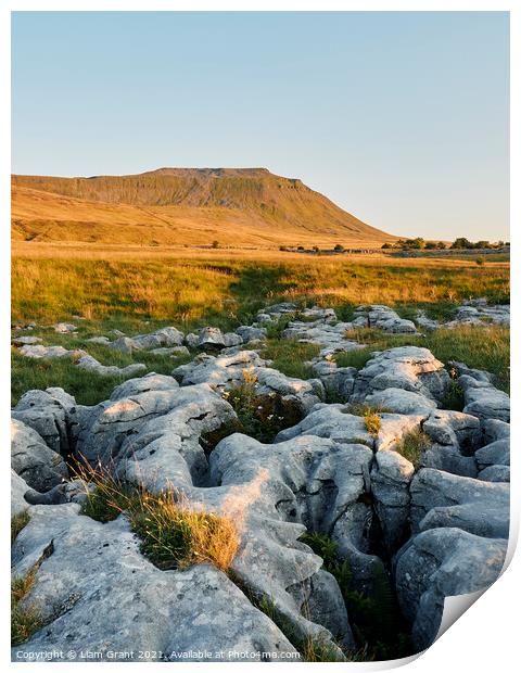 UK, Yorkshire, Ingleborough with limestone pavement in the foreground. Print by Liam Grant