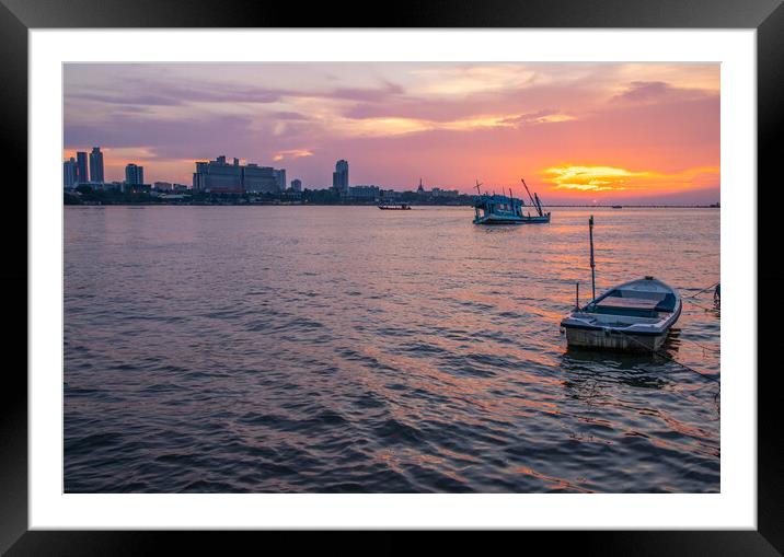 During the sunset, a ship at the Sea in Thailand Framed Mounted Print by Wilfried Strang