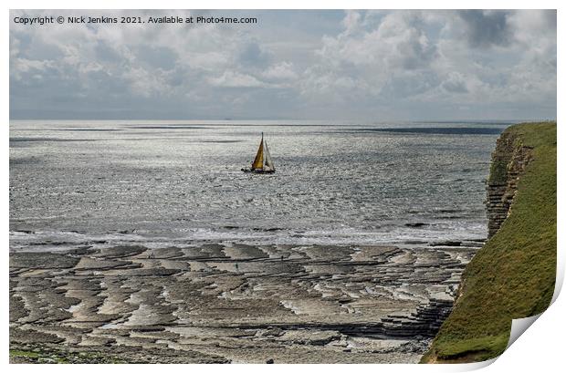 Yacht crossing infront of Nash Point Beach  Print by Nick Jenkins