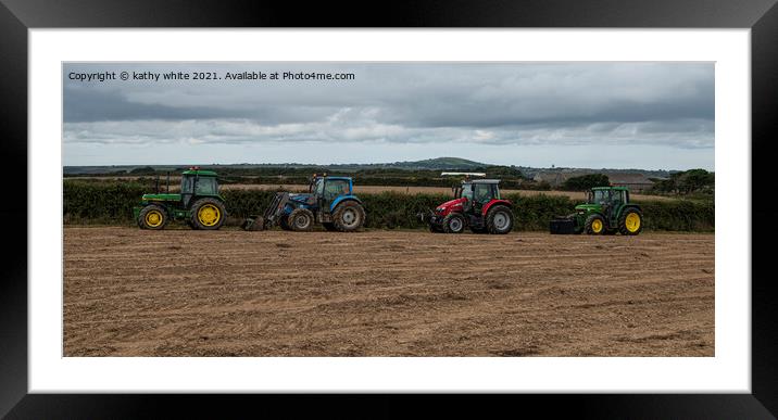 Tractors  in a Cornish field Framed Mounted Print by kathy white
