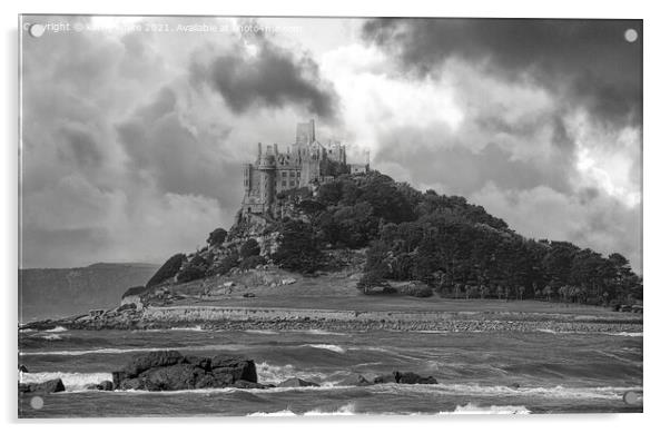 St Michaels mount Cornwall black and white Acrylic by kathy white
