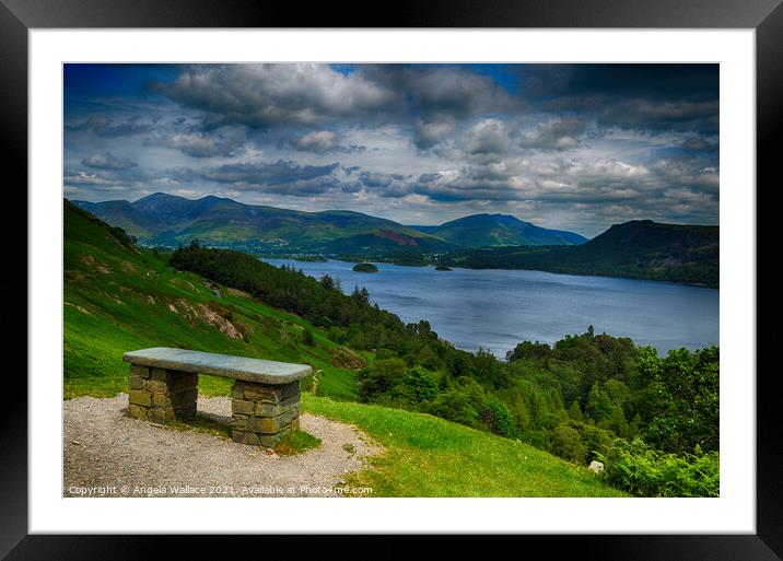 Bench overlooking Derwent water Lake District Framed Mounted Print by Angela Wallace