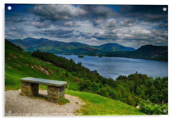 Bench overlooking Derwent water Lake District Acrylic by Angela Wallace