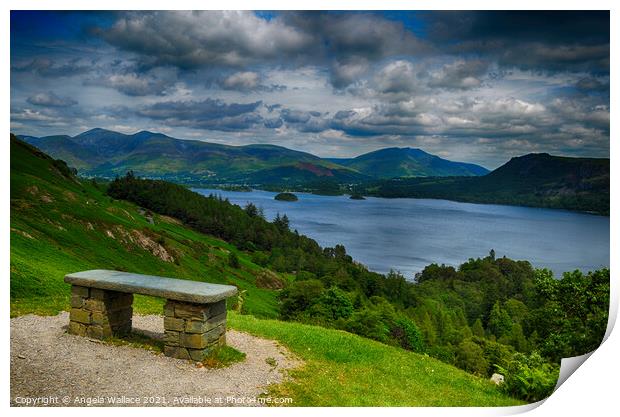 Bench overlooking Derwent water Lake District Print by Angela Wallace