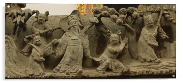 Buddhist bas-relief with sculptures of a family. Acrylic by Hanif Setiawan