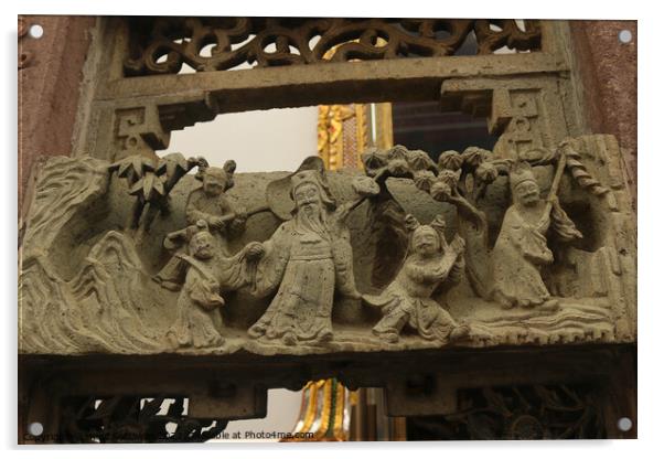 Buddhist bas-relief with sculptures of a family. Acrylic by Hanif Setiawan