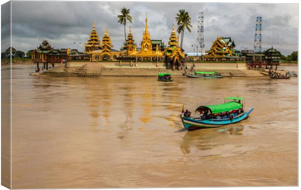 Cross the river by boat to the Midstream Kyauktan Pagoda or Ye Le Pagoda near Yangon in Myanmar Burma Canvas Print by Wilfried Strang