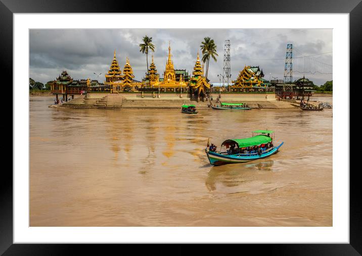 Cross the river by boat to the Midstream Kyauktan Pagoda or Ye Le Pagoda near Yangon in Myanmar Burma Framed Mounted Print by Wilfried Strang