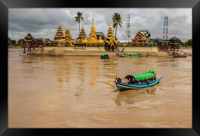 Cross the river by boat to the Midstream Kyauktan Pagoda or Ye Le Pagoda near Yangon in Myanmar Burma Framed Print by Wilfried Strang