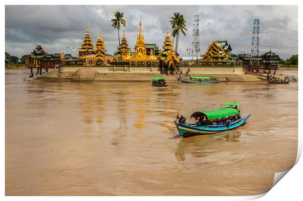 Cross the river by boat to the Midstream Kyauktan Pagoda or Ye Le Pagoda near Yangon in Myanmar Burma Print by Wilfried Strang