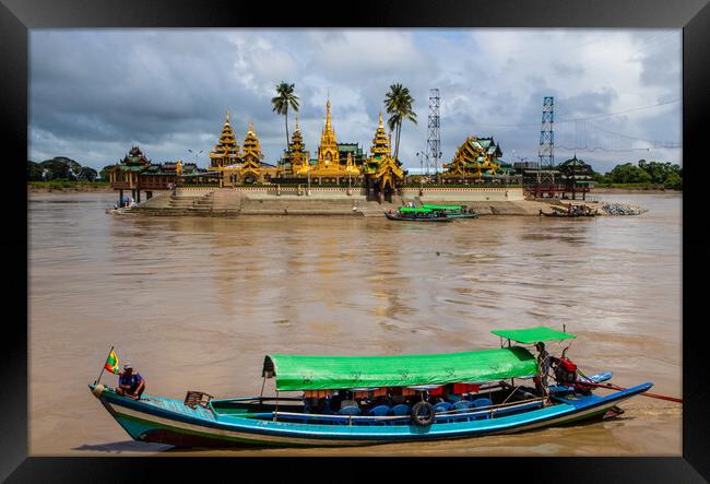 Cross the river by boat to the Midstream Kyauktan Pagoda or Ye Le Pagoda near Yangon in Myanmar Burma Framed Print by Wilfried Strang