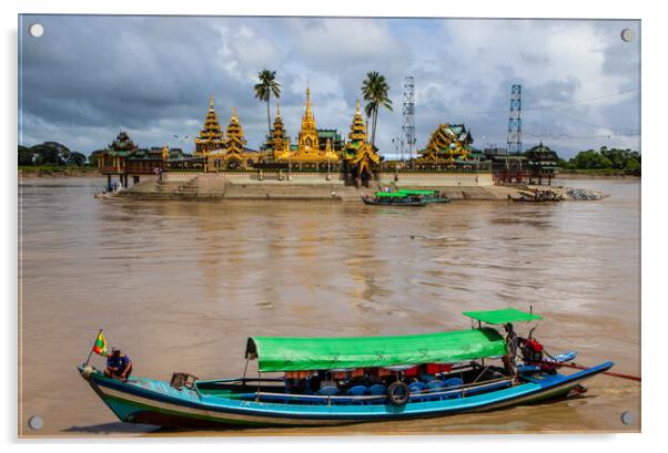Cross the river by boat to the Midstream Kyauktan Pagoda or Ye Le Pagoda near Yangon in Myanmar Burma Acrylic by Wilfried Strang